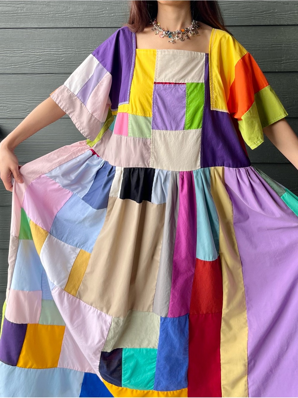 Handmade Quilted Patchwork Colorblock Dress SKU 08121 - Picture 10 of 16
